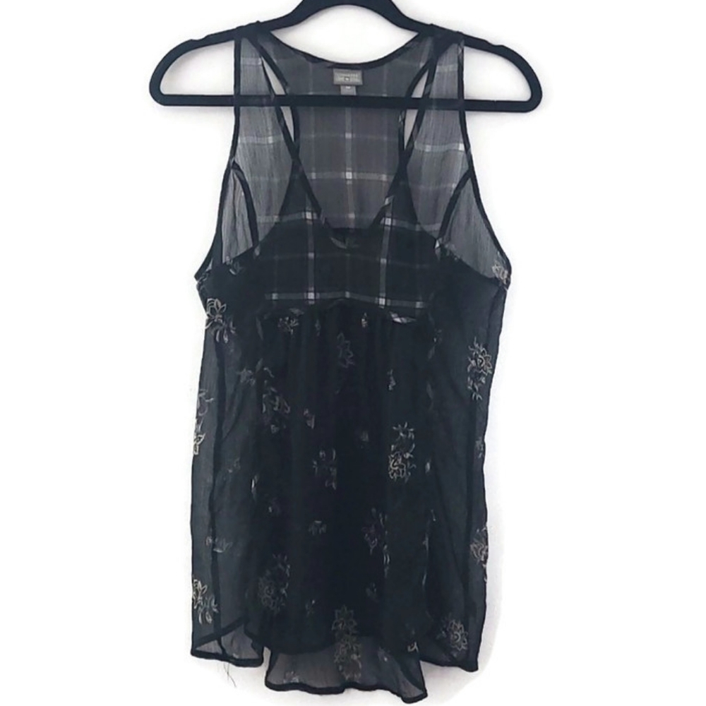 Converse Black Plaid Floral Sleeveless Top Semi Sheer Size Medium